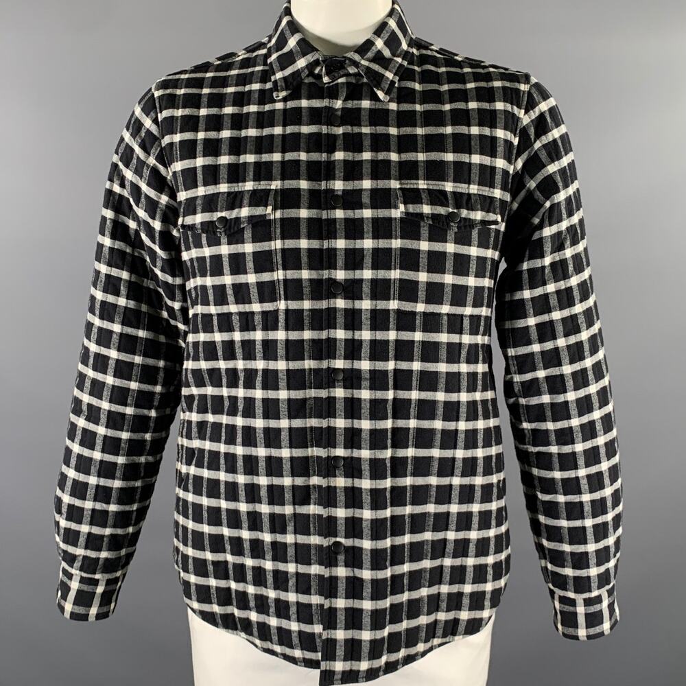 ASPESI Size L Black White Plaid Quilted Cotton Shirt Jacket